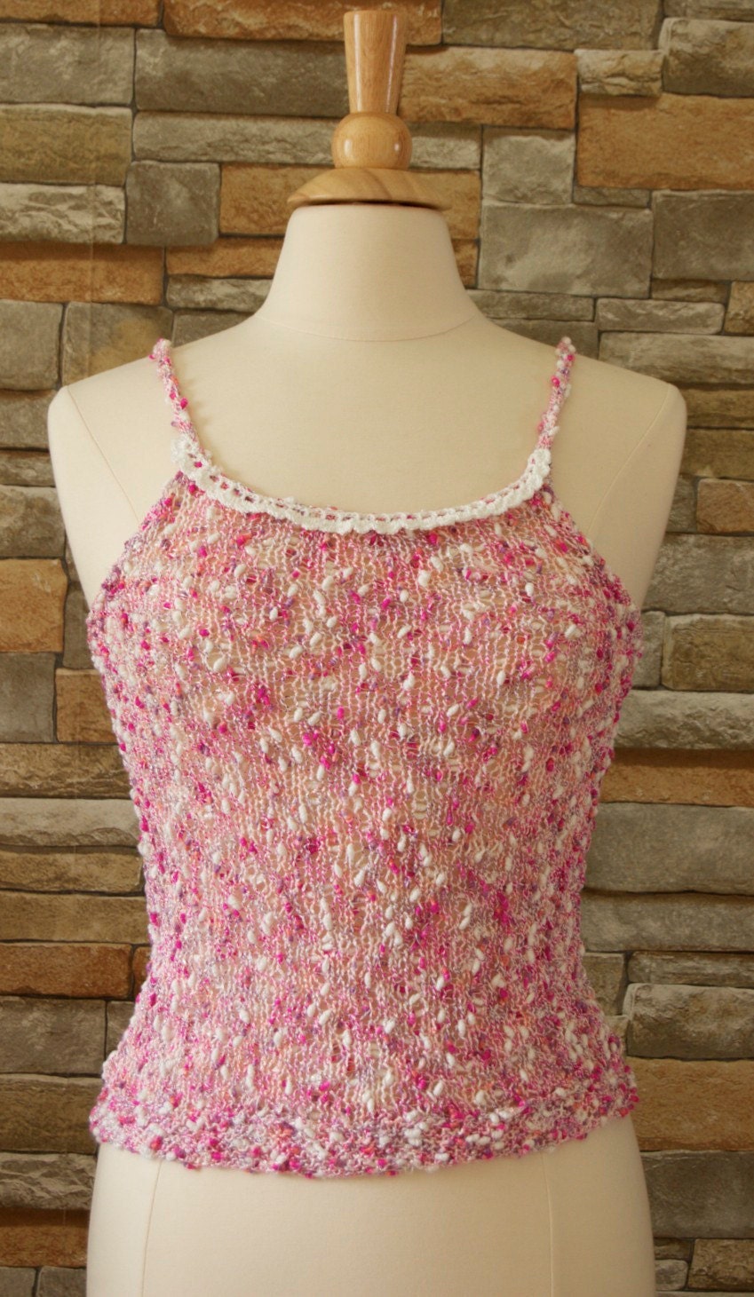 Hand knitted cotton tank-top-blouse for summer in multicolor