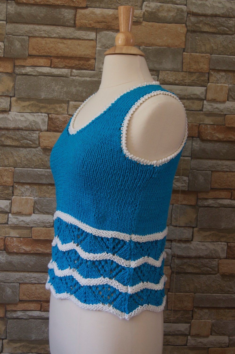 Hand knitted cotton tank-top-blouse for summer in turquoise