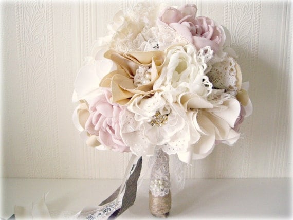 Fabric Flower Bouquet with Vintage Rhinestone Brooches and Lace - Alternative wedding bouquet - Rustic chic weddings
