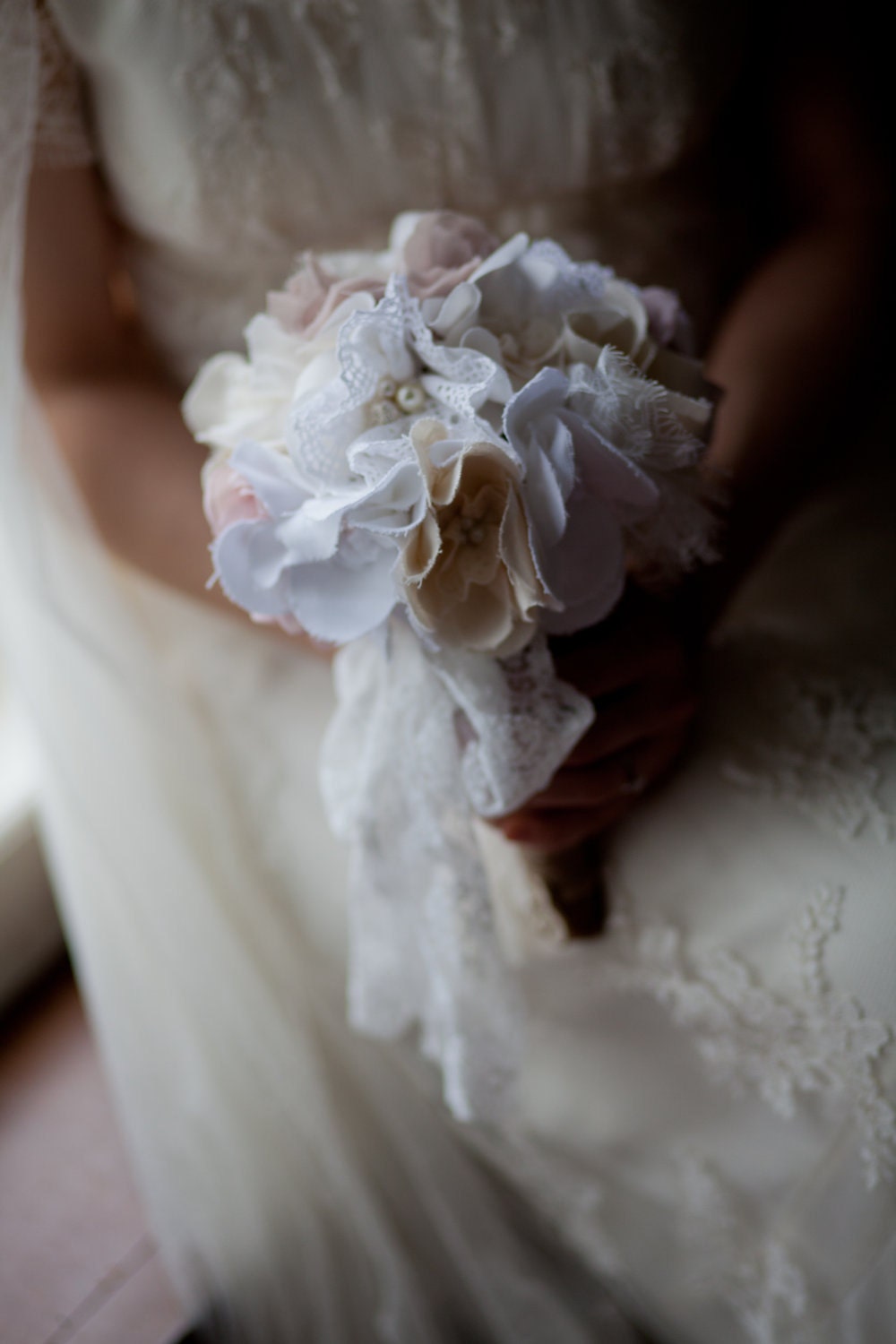 Fabric bridal bouquet, Rustic chic weddings, Fabric flower bouquet, Cotton magnolias, Lace flowers bouquet, Medium sized bouquet
