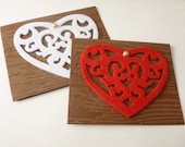 Handmade Brown Wood Grain Red or White Felt Heart Valentine's Day Card - Ready to Ship