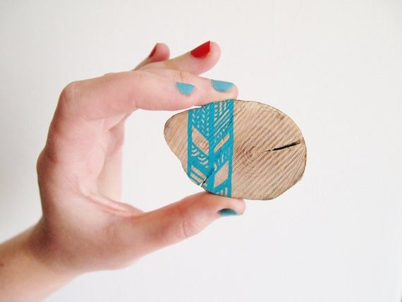 Chevron Wooden Brooch, Turquoise Patterns