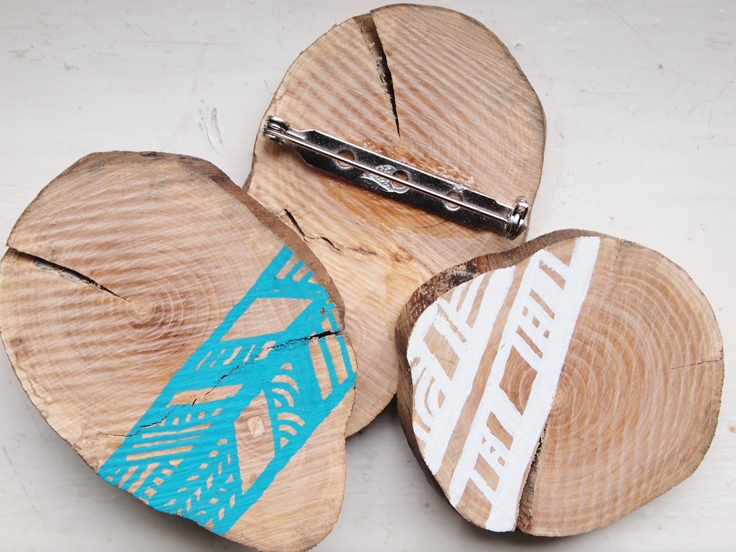 Chevron Wooden Brooch, Turquoise Patterns