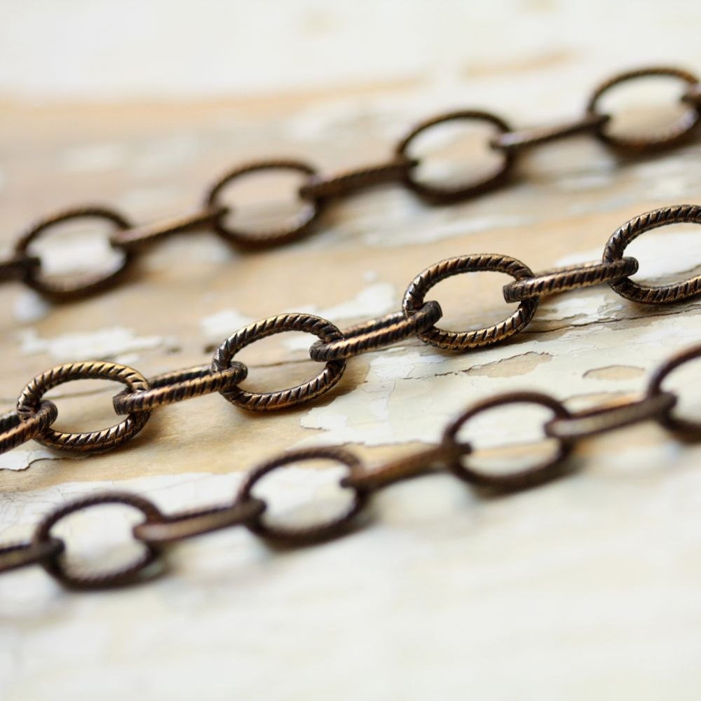 20ft Aged Brass Etched Elongated Oval Cable Chain Hand Oxidized 8mm x 6mm Patterned Solid Brass Chain