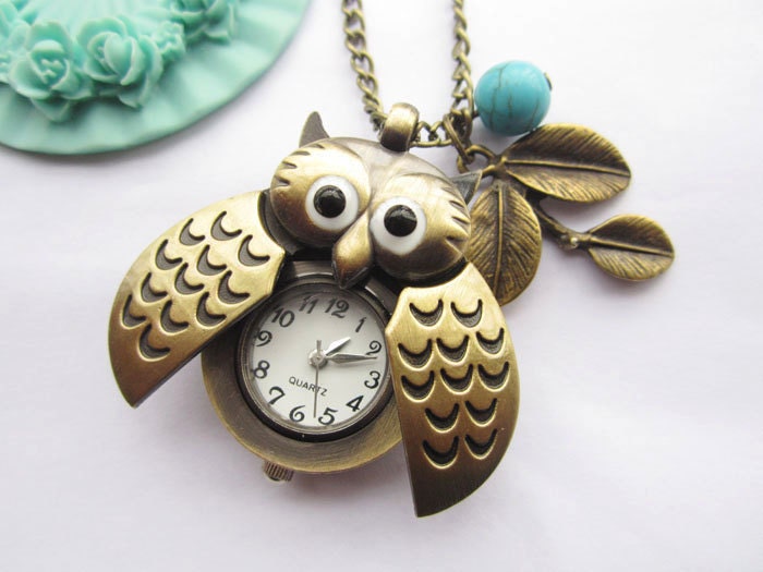pocket watch--antique bronze owl pocket watch and leaves with blue turquoise,alloy chain necklace