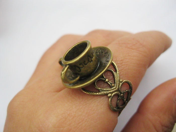 ring---antique bronze 3d coffee cup pendant,alloy adjustable ring