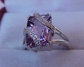 Antique Art Deco  10k White  Gold Genuine Amethyst & Diamonds  Ring, 1950's