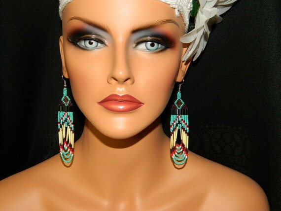 Native American Beaded Earrings Turquoise Quill Loops with Cranberry and Gold Top