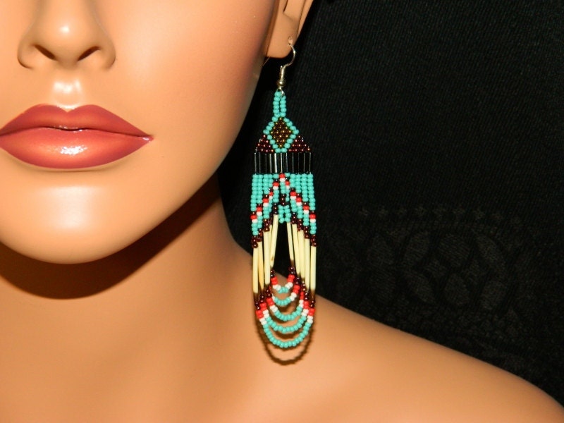 Native American Beaded Earrings Turquoise Quill Loops with Cranberry and Gold Top