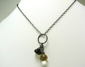 Champagne Quartz and Smoky Quartz Onion Drop Oxidized Sterling Silver Necklace
