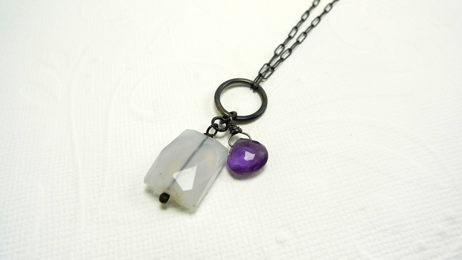 Amethyst and Chalcedonly Quartz Deep Oxidized Sterling Silver Necklace