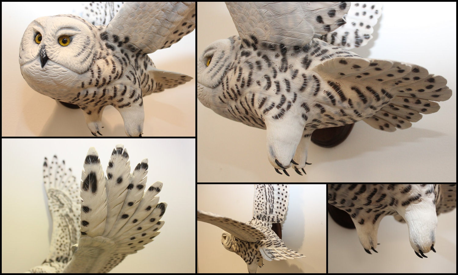 Bird Carving Owl - Hand Carved Full-Size Snowy Owl Wall Mounted on Walnut Plaque