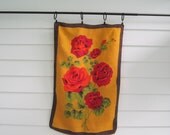 Vintage Linen Kitchen Towel, Vintage Fabric and Kitchen Decor, Red Roses, Mustard Yellow with a Brown Border