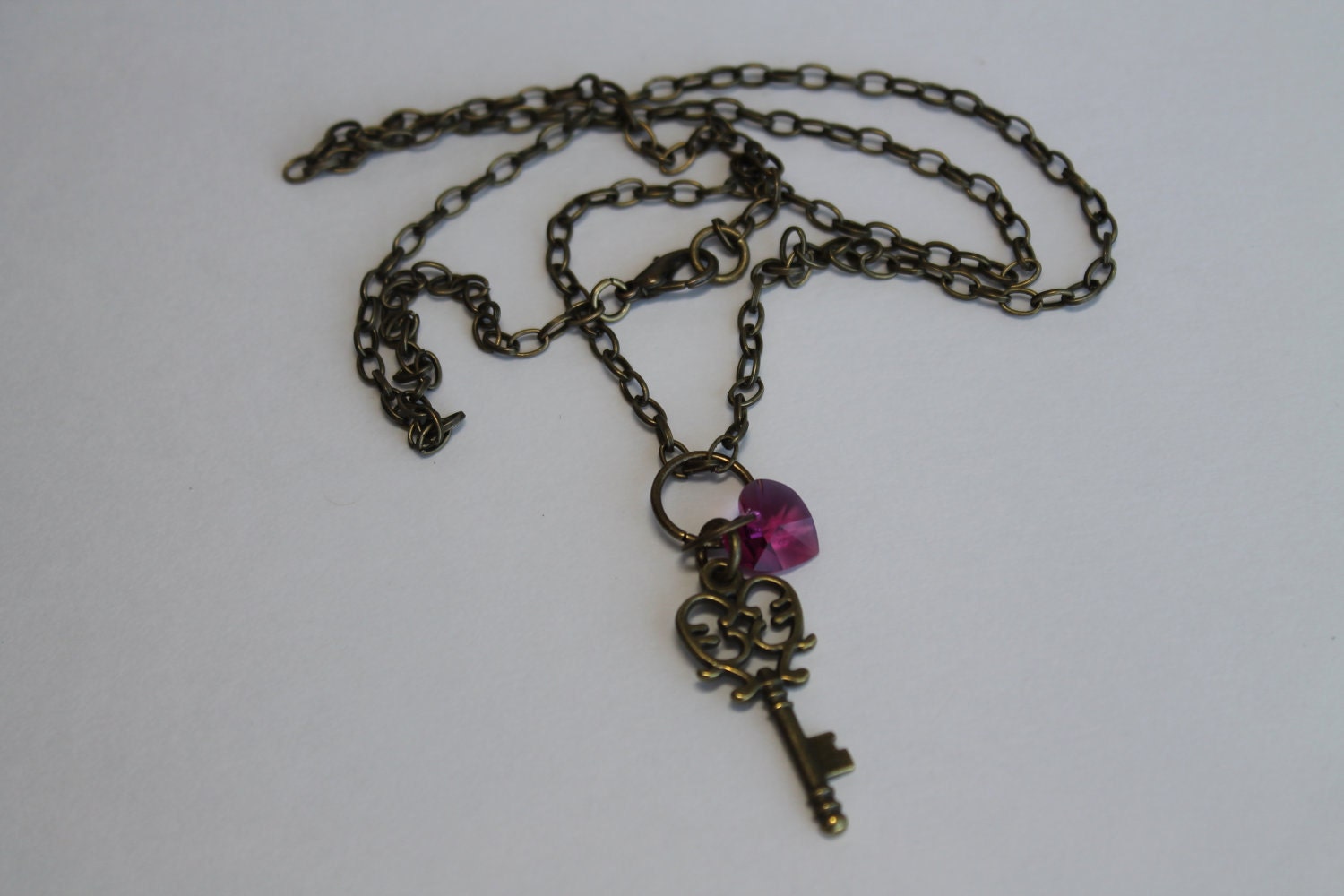 Key and Heart Necklace, Brass Key and Crysrtal Heart, Swarovski, Brass Necklace