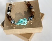 Turquoise Beaded Bracelet, Turquoise, Onyx Bracelet, Blue and Brown Bracelet