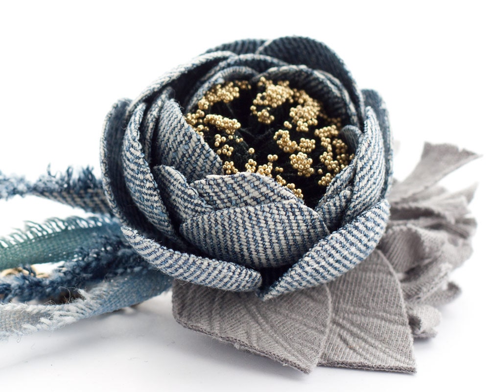 Blue brooch, Brooch flower, Blue hair clip, Flower brooch, Fabric blue pendant, Blue headpiece, Flower hair accessory, Gray denim, Ohtteam