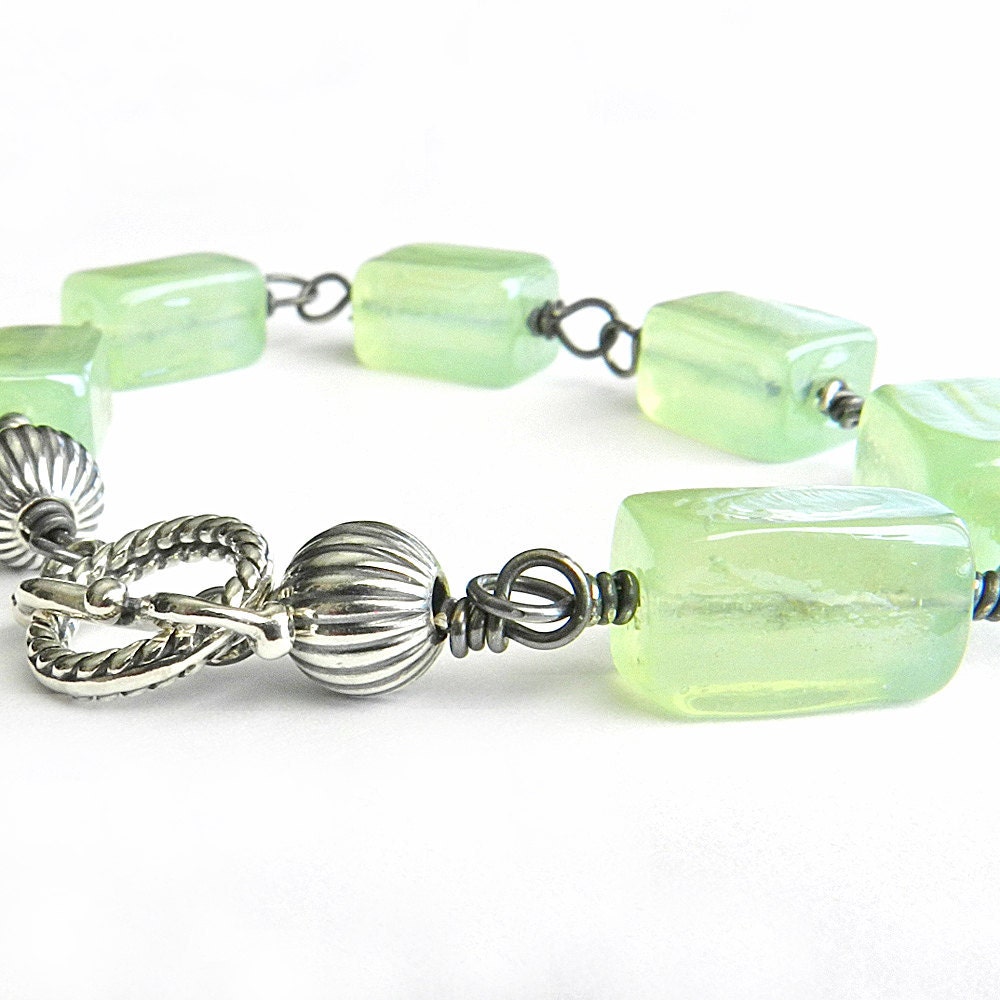 Pale green bracelet, vintage mint green & sterling silver bracelet, green apple, celadon green upcycled jewelry jetteam