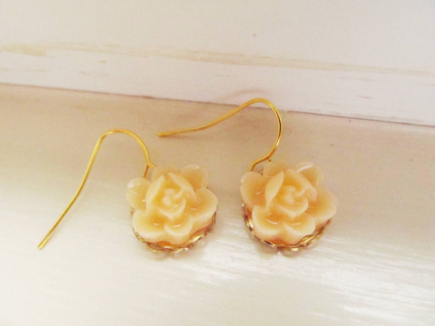 Light coral floral  earrings- Light coral rose dangle earrings- So sweet and adorable-great holiday gift-