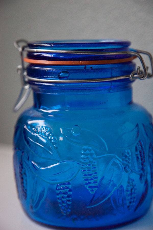 Blue Italian Glass Jar Grape Vine Pattern