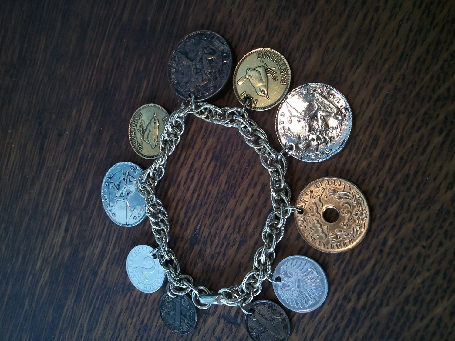 Vintage Bracelet, Coro coin charm designer bracelet, Real world coins Excelent condition, Statement Piece