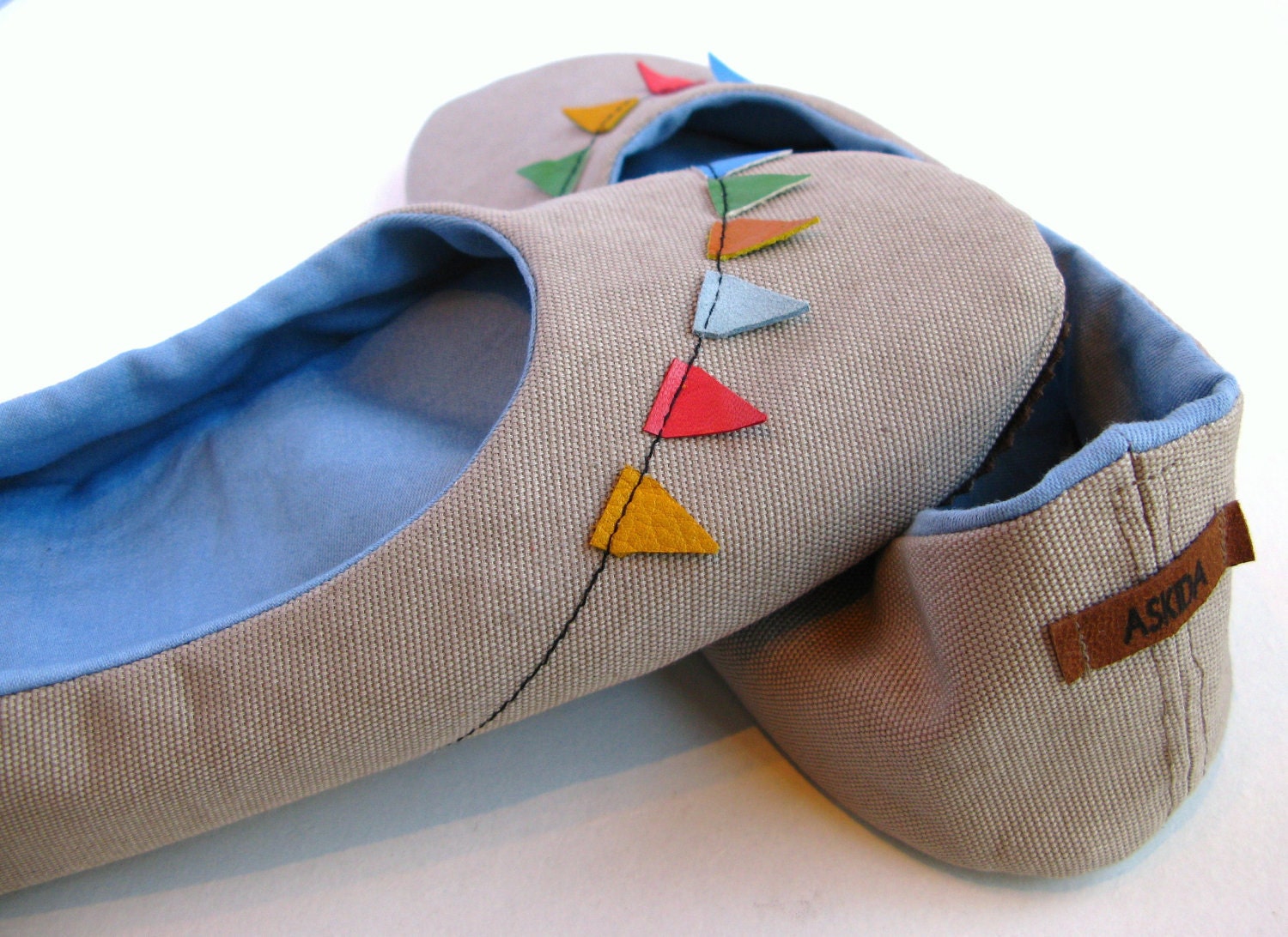 Handmade Oatmeal Cotton Canvas Home Shoes with Leather Bunting Banner Flags
