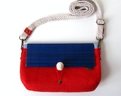 Nautical Red Cross Body / Shoulder Bag or Zipper Pouch Purse with Adjustable & Detachable Natural Raw Cotton Strap,Royal Blue Bamboo Flap