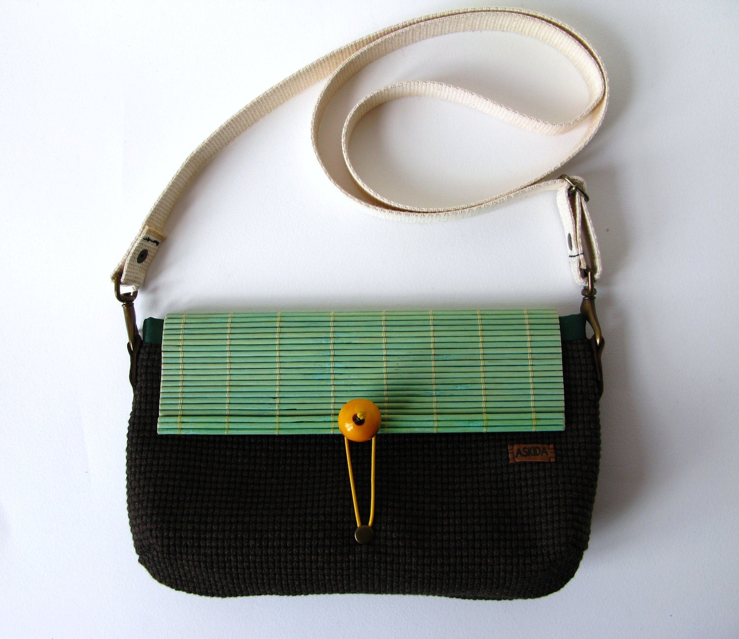Brown Cross Body / Shoulder Bag or Zipper Pouch Purse with Adjustable & Detachable Natural Cotton Strap,Green Bamboo Flap