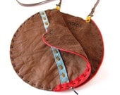 Circle Crossbody,Shoulder Bag or Clutch Purse in Brown Leather with Detachable Strap and Handstitched Blue Strip Accent & Red Zipper,OOAK