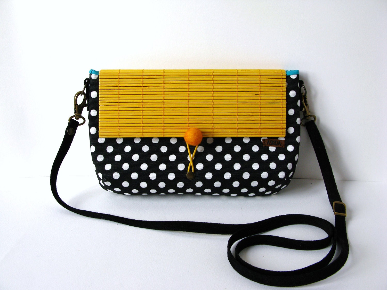 Black White Polka Dot Cross Body / Shoulder Bag or Zipper Pouch Purse with Adjustable & Detachable Black Faux Suede Strap,Yellow Bamboo Flap