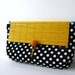 Black White Polka Dot Cross Body / Shoulder Bag or Zipper Pouch Purse with Adjustable & Detachable Black Faux Suede Strap,Yellow Bamboo Flap