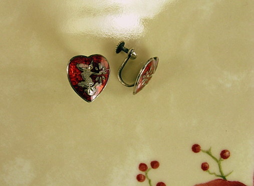 Vintage Sterling Silver Siam Dancer Red Enamel Heart Earrings