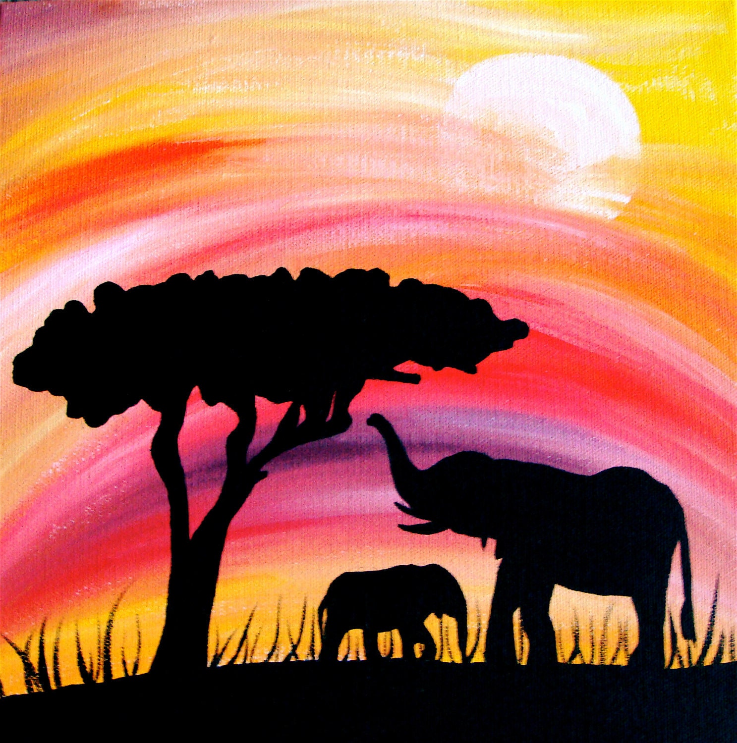 Elephant silhouette in sunset mama and baby 10 x 10 wrapped canvas painting, africa safari - shotviatheink