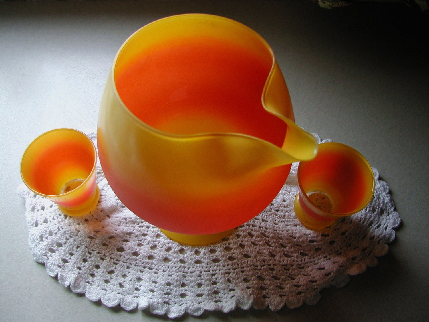 10% Discount..VINTAGE SALE 1950s Vintage Retro Orange Yellow Satin Art Glass Juice Decanter Set