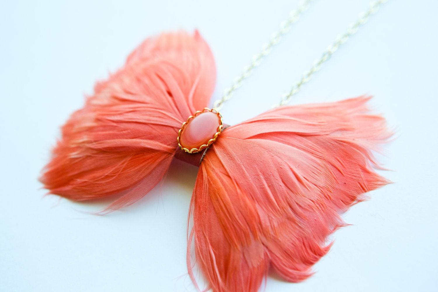 Coral Pink Feather Bow Tie Necklace w/ Upcycled Leather and Vintage Cabochon