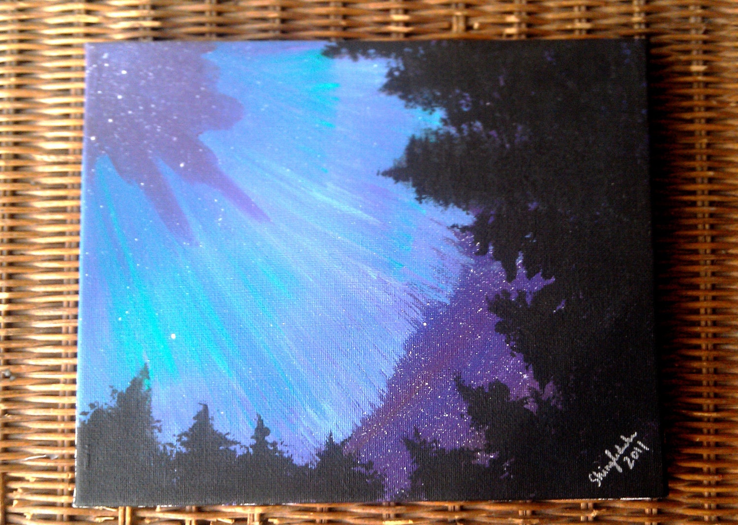 Painting ORIGINAL Acrylic, Northern Lights, 8x10 Canvas, Aurora Borealis Silhouette Winter Camp Nature Park Wholesome Renegade