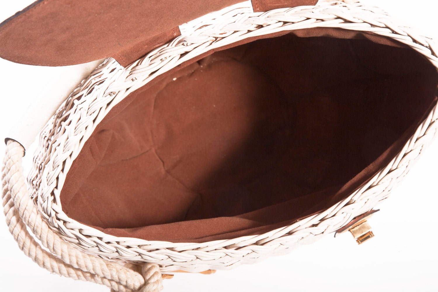 VINTAGE Tano Cream Wicker Leather Gold Anchor Spring/Summer Picnic Basket Bag