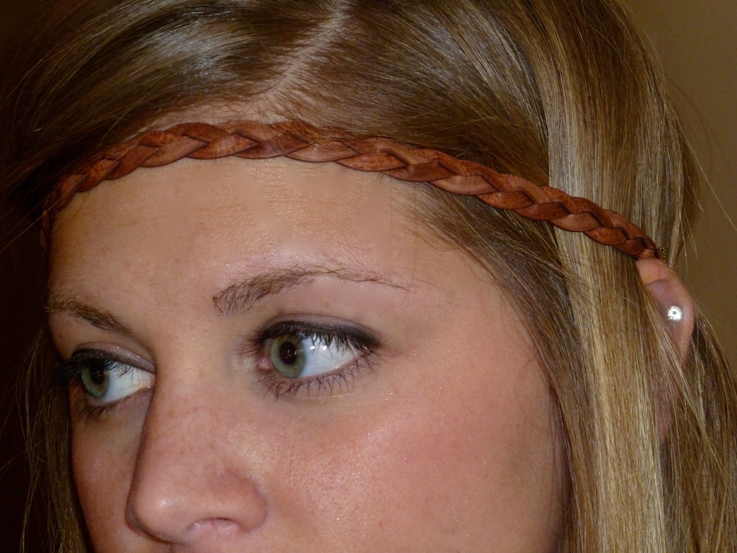 Leather Flat Braided Headband - Red Brown or Black - 1/3" wide