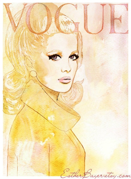 Vintage 60s Vogue Paris Cover watercolor Fashion Illustration Print Catherine Deveuve