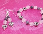 Little Girl's Pink and Purple Jewelry Set, Bracelet and Earrings, Pink Jade