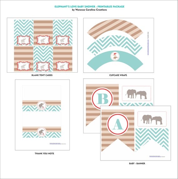BABY ELEPHANT PRINTABLES - Elephant Love Baby Shower Printables Package - Elephant Baby Shower Printables - Elephant Party Printables Il_570xn