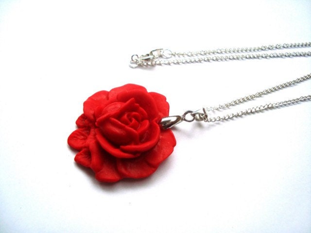 Red Rose Necklace. Polymer Clay Flower Necklace. Red Jewelry. Flower Jewelry