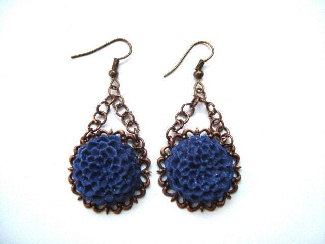 Vintage Inspired Flower Earrings. Blue Flower Earrings. Long Dangle Earrings. Antique Filigree Base. Flower Jewelry