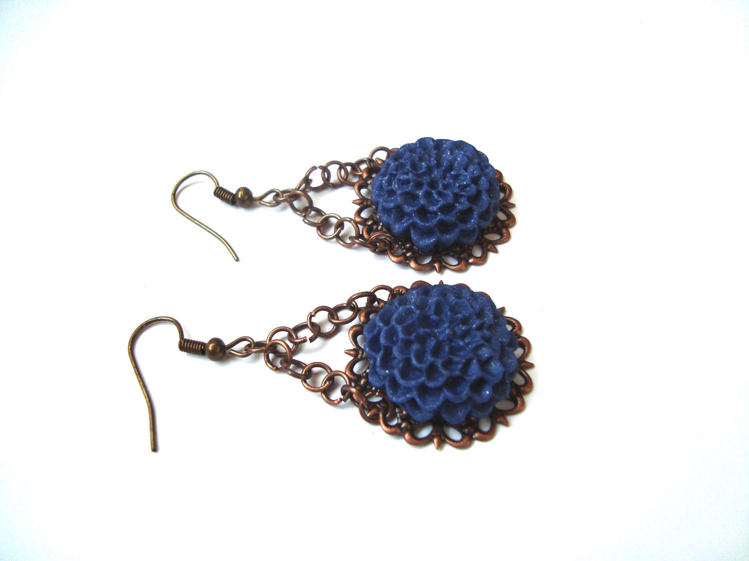 Vintage Inspired Flower Earrings. Blue Flower Earrings. Long Dangle Earrings. Antique Filigree Base. Flower Jewelry