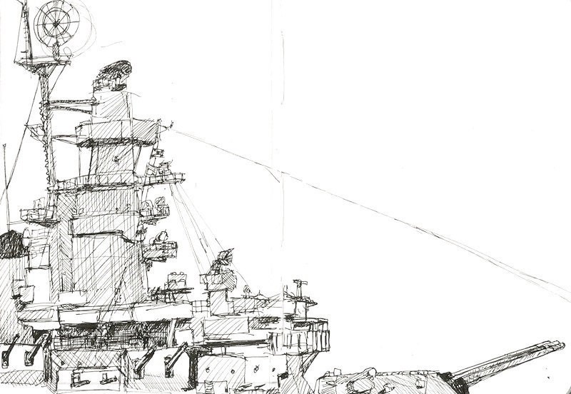 Original Battleship large framed pen drawing of U.S.S Mass. 13x16