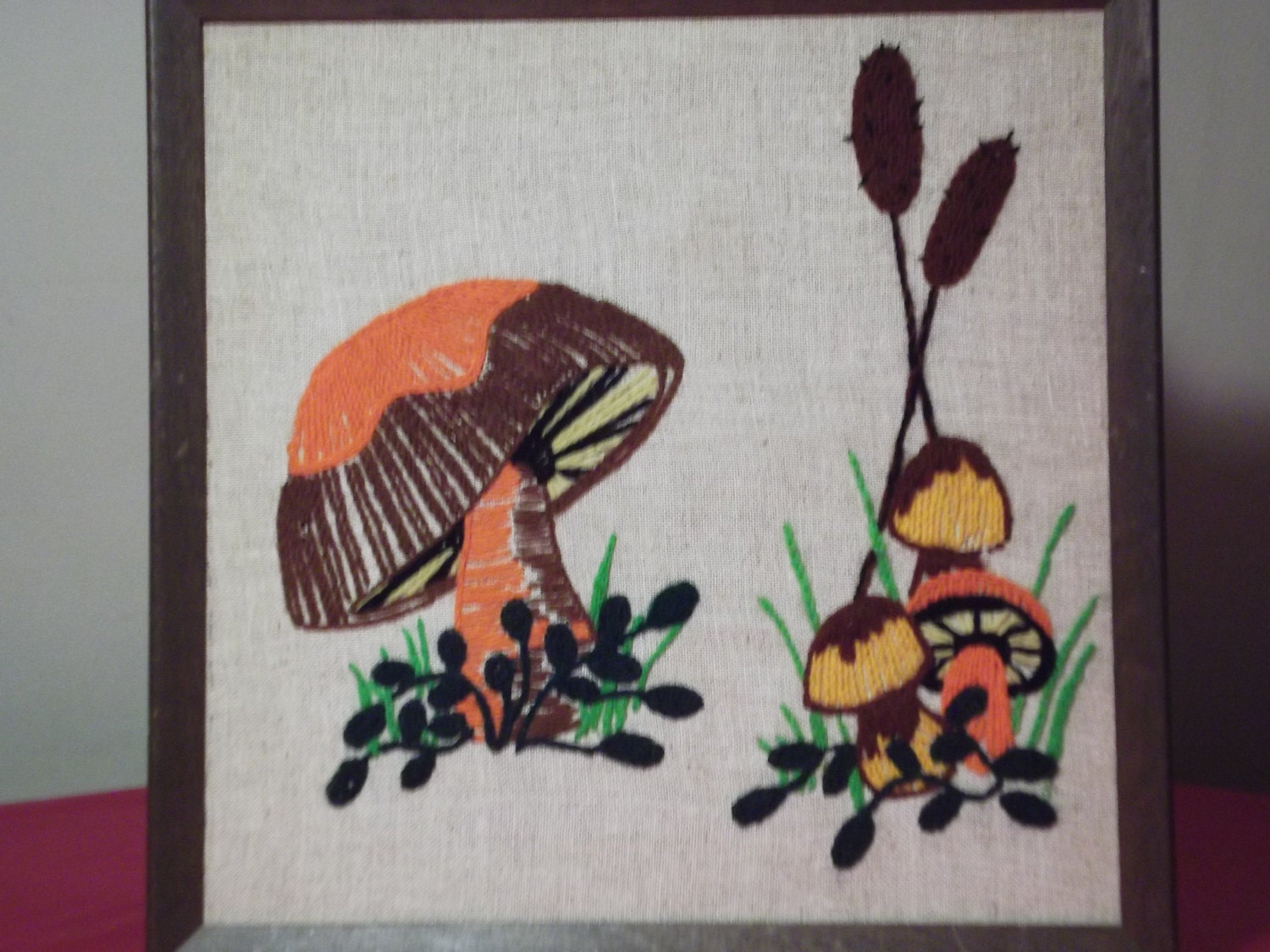 Crewel Embroidery Mushroom and Cat Tails Picture
