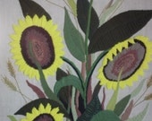 Vintage Crewel Embroidery Magnificent LARGE Sunflowers Framed Under Glass MINT