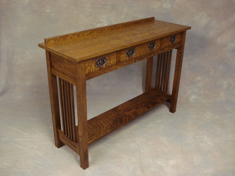 Arts & Crafts Oak Server      Three Drawer Spindle Side Sofa or Hall Table