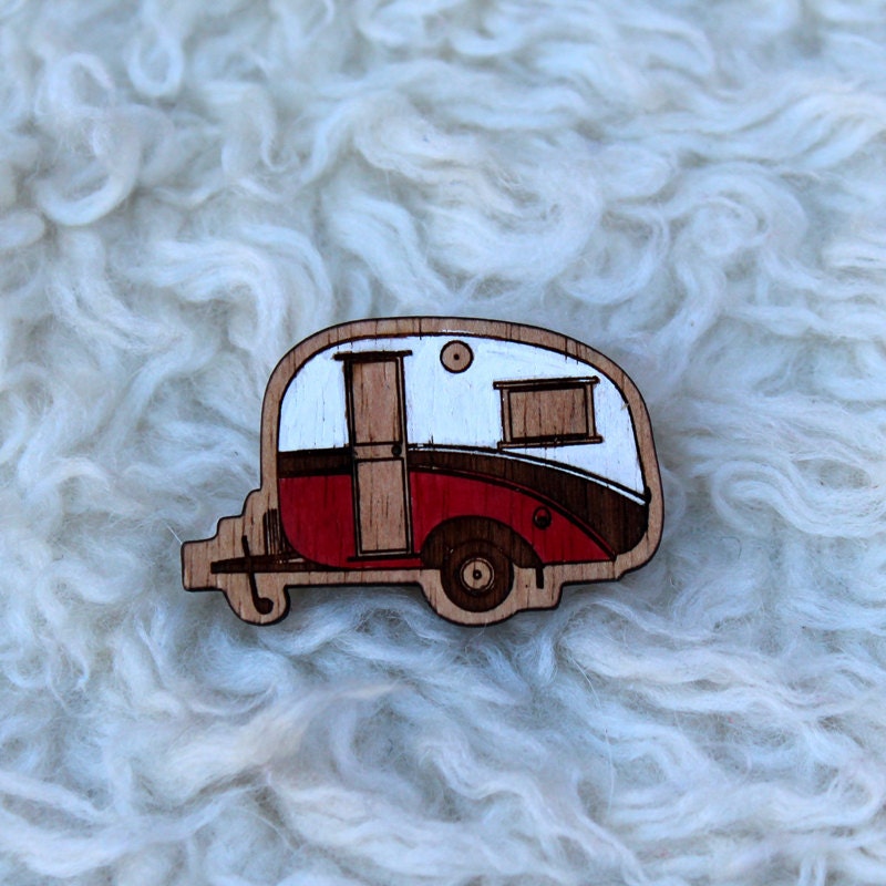 Laser cut wood brooch, Cosy, cute vintage caravan, red and white handpainted
