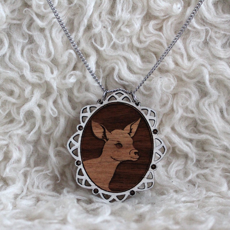 Laser cut wood necklace - Adorable little deer fawn cameo, handpainted white border - bambi