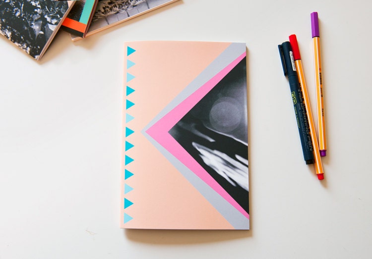 Notebook, A5 sized, peach and blue triangles, geometric shapes and photo cover, perfect bound